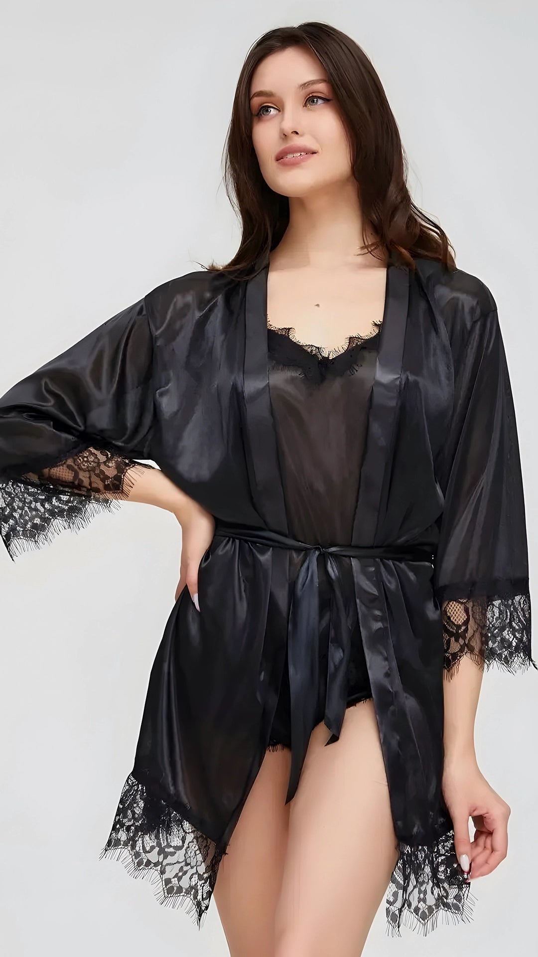 Miss Velva Romantic Kimono Style Silk Robe – Luxurious Lace Trimmed Loungewear