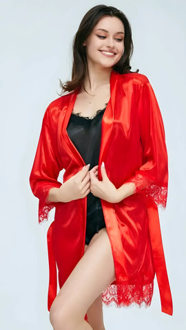 Miss Velva Romantic Kimono Style Silk Robe – Luxurious Lace Trimmed Loungewear