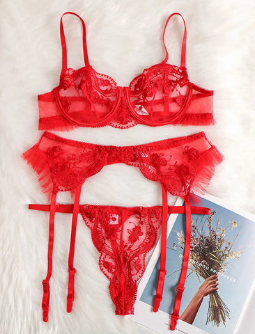 Miss Velva Romantic Red Lace Lingerie Set – Floral Design for Passionate Moments